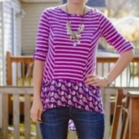 Postmark Anthropologie Fairly Purple Birds Medium Striped Top Tunic Pockets - Picture 2 of 5